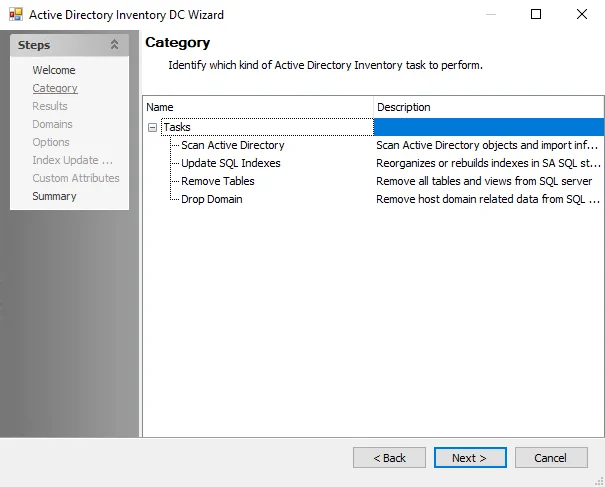 Active Directory Inventory DC Wizard Category page