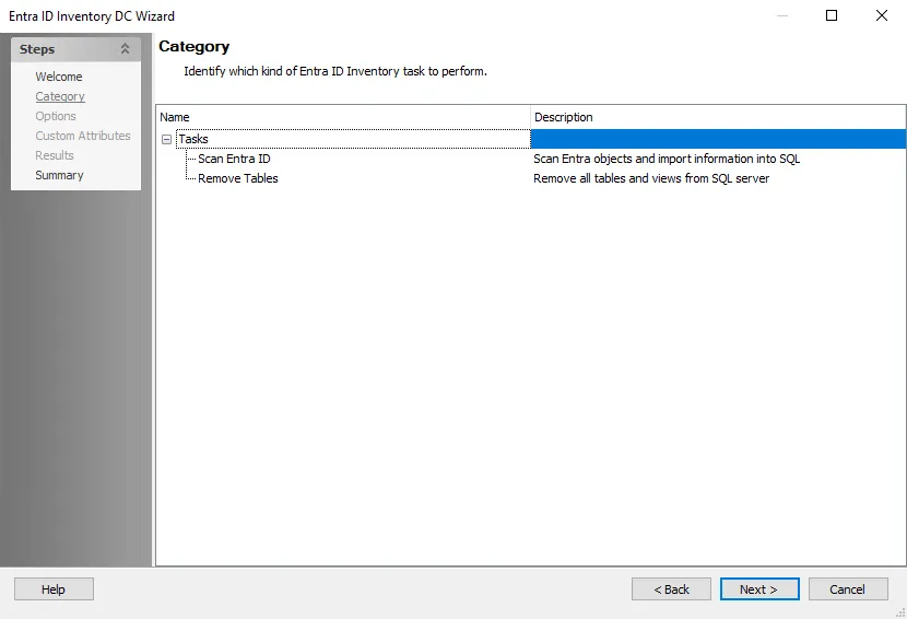 Entra ID Inventory DC Wizard Category page