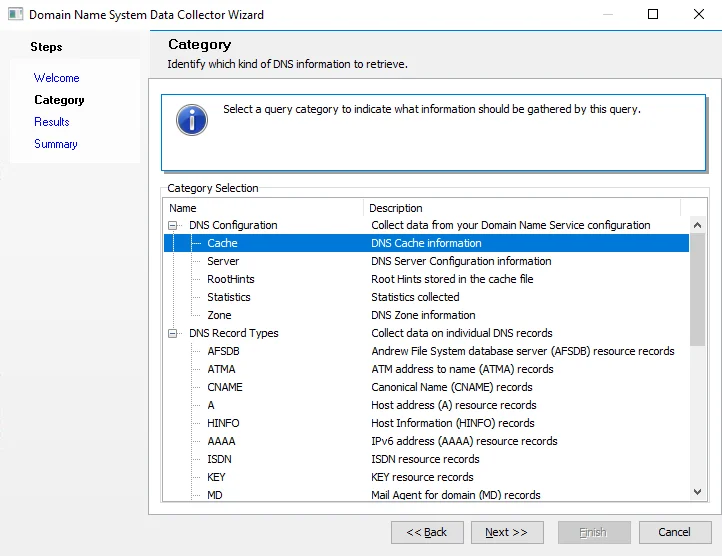 Domain Name System Data Collector Wizard Category page