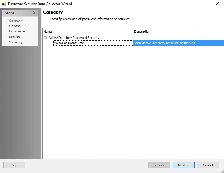 Password Security Data Collection Wizard Category page