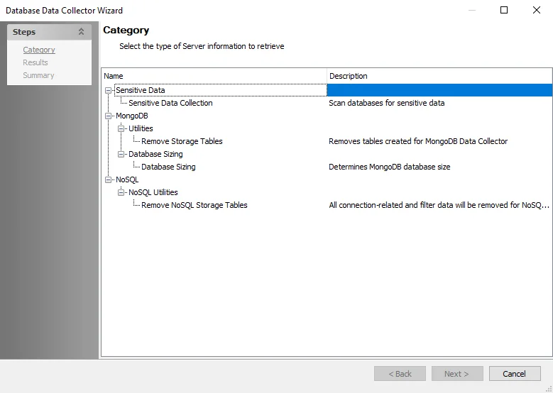 NoSQL Data Collector Wizard Category Page