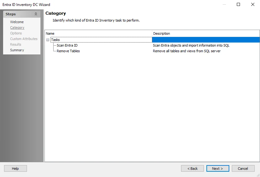 Entra ID Inventory DC Wizard Category page
