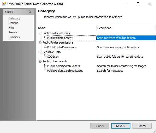 EWS Public Folder Data Collector Wizard Category page