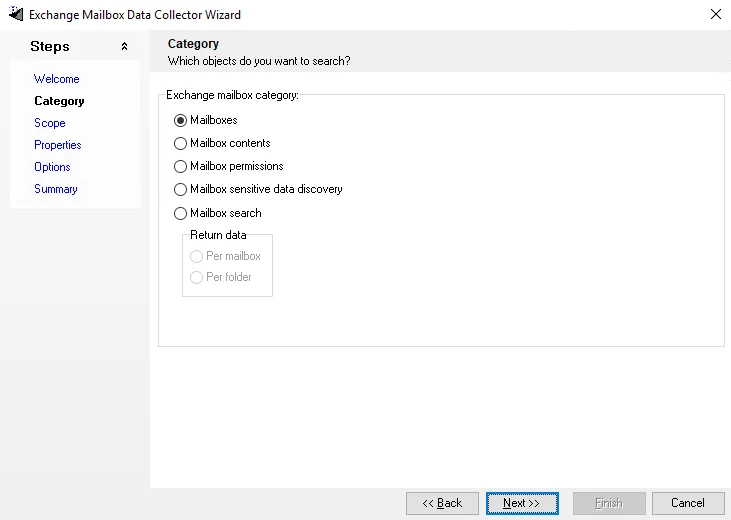Exchange Mailbox Data Collector Wizard Category page