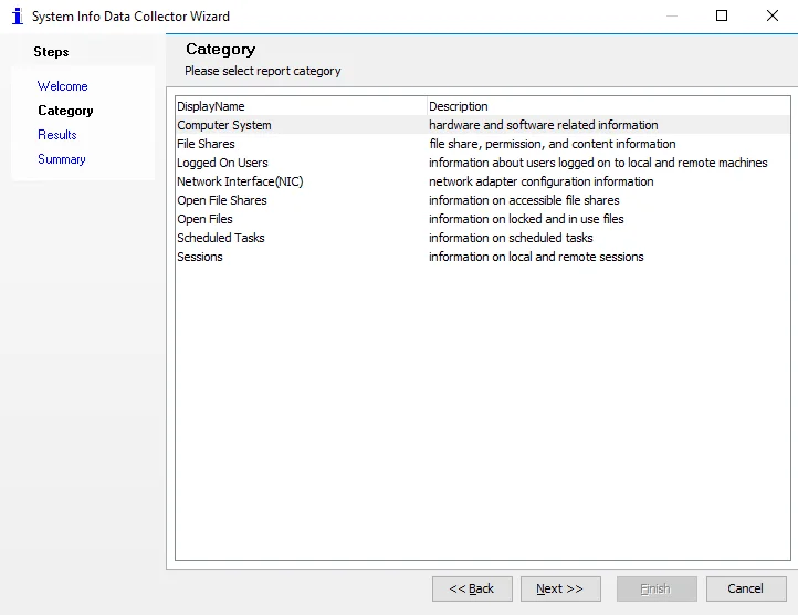 System Info Data Collector Wizard Category page
