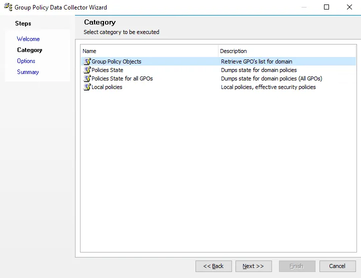 Group Policy Data Collector Wizard Category page