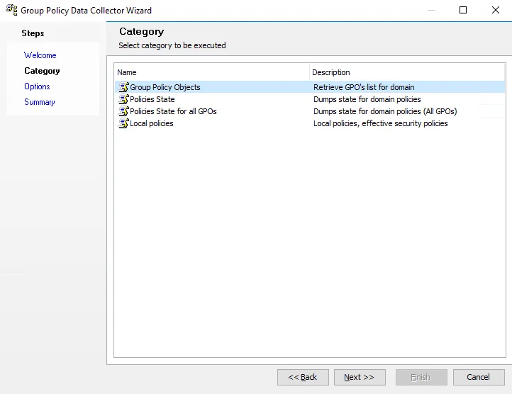 Group Policy Data Collector Wizard Category page