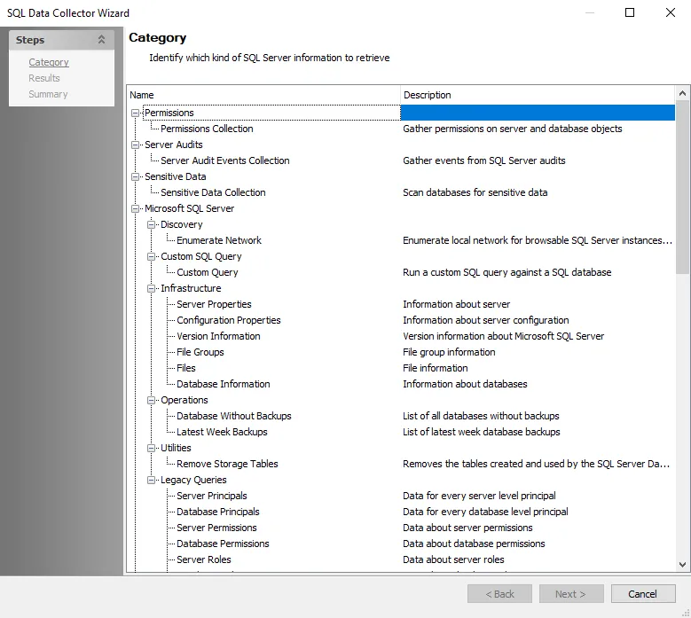SQL Data Collector Wizard Category Page