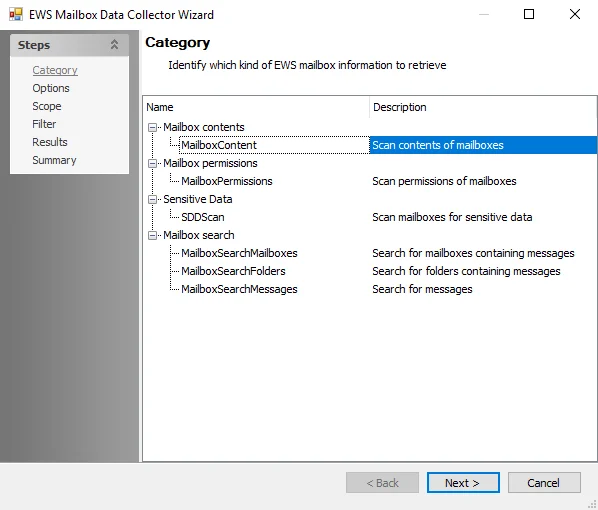EWS Mailbox Data Collector Wizard Category page