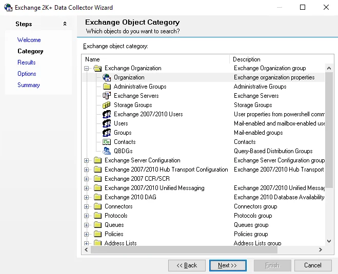 Exchange 2K+ Data Collector Wizard Category page