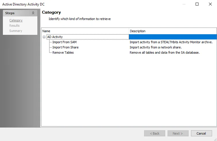 Active Directory Activity DC wizard Category page