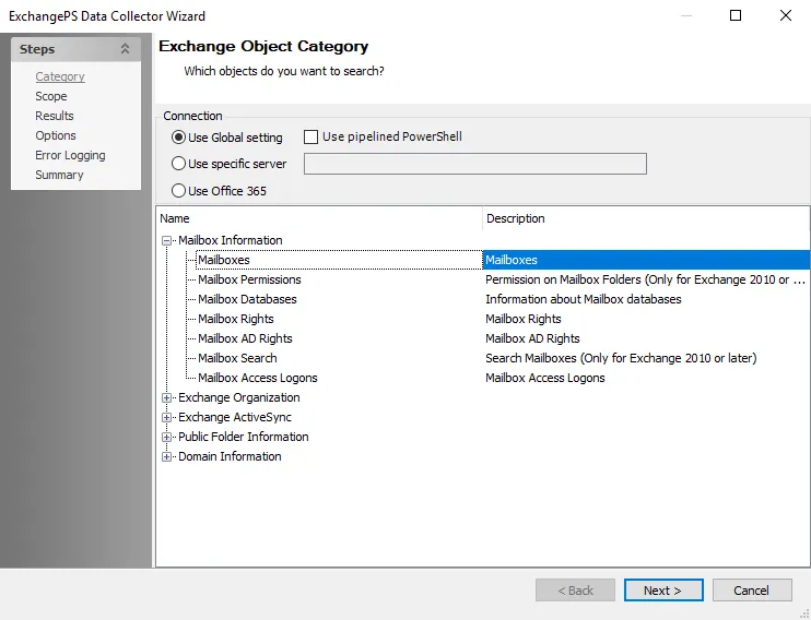 ExchangePS Data Collector Wizard Category page
