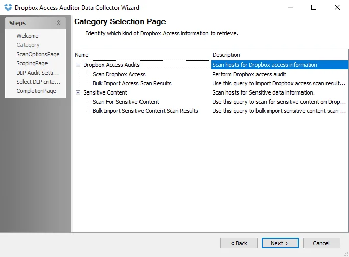 Dropbox Access Auditor Data Collector Wizard Category page