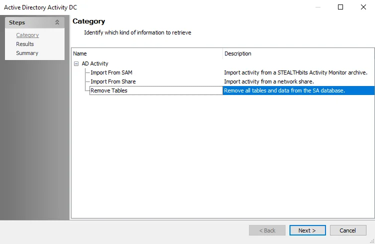 Active Directory Activity DC wizard Category page