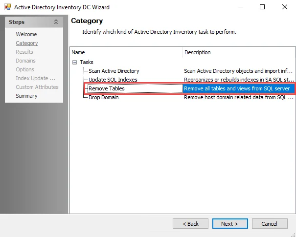 Remove Tables task selected on Active Directory Inventory DC Wizard Category page 