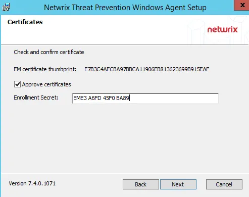 StealthINTERCEPT Windows Agent Setup wizard on the Certificates page
