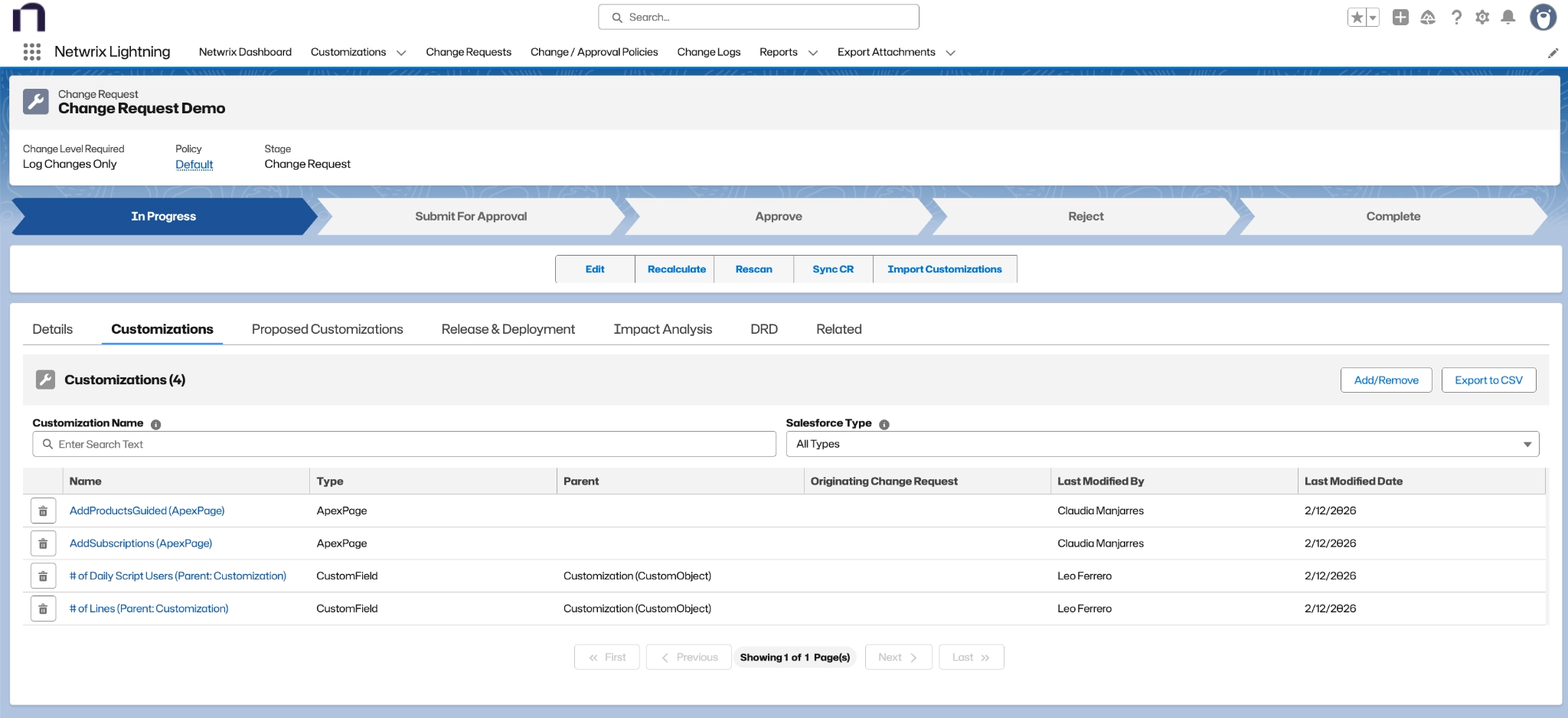 Customizations section