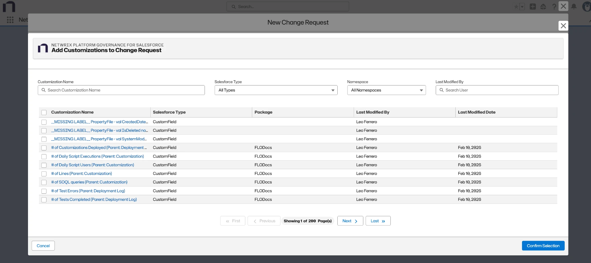 Add an existing customization to a change request