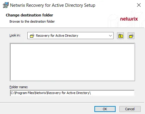 Recovery for Active Directory Setup wizard - Change destination folder page