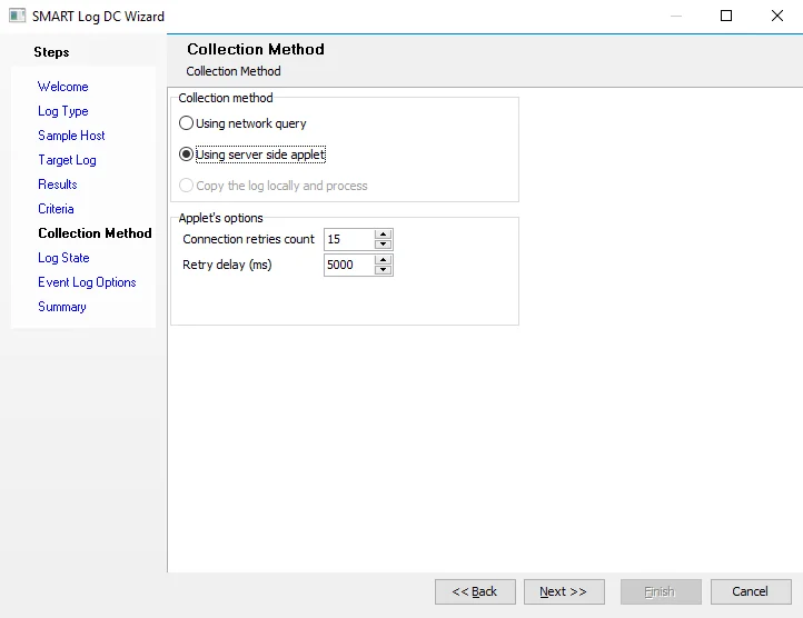 SMART Log DC Wizard Collection Method page
