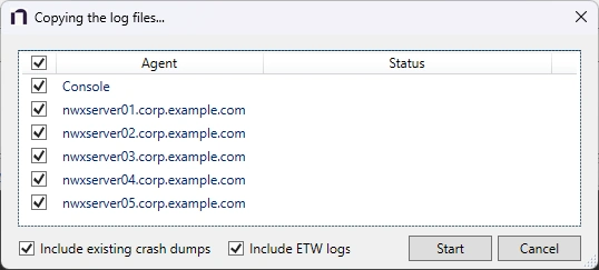 Copying the log files popup window