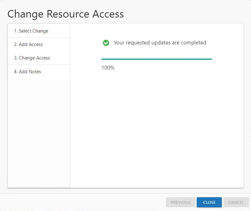 Change Resource Access wizard completed updates message