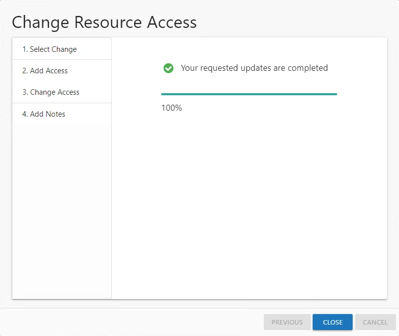 Change Resource Access wizard completed updates message