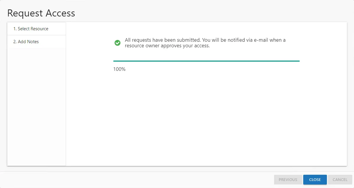 Request Access wizard request sent message