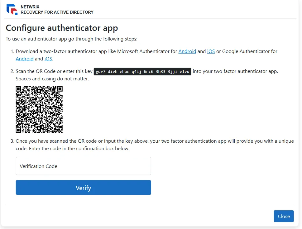 Configure authenticator app page