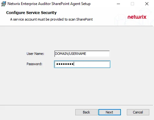 SharePoint Agent Setup Wizard Configure Service Security page
