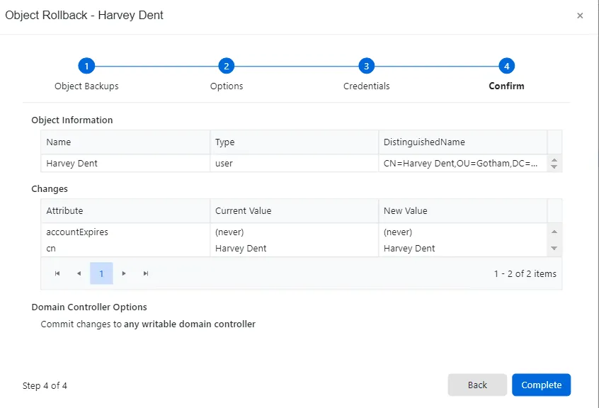 Object Rollback wizard - Confirm page