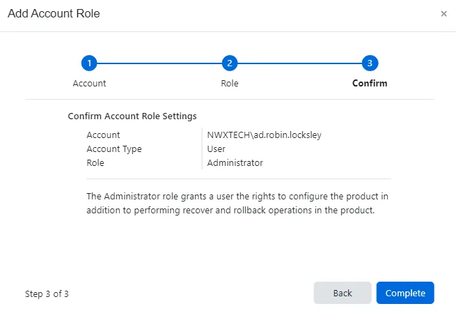 Add Account Role wizard – Confirm page