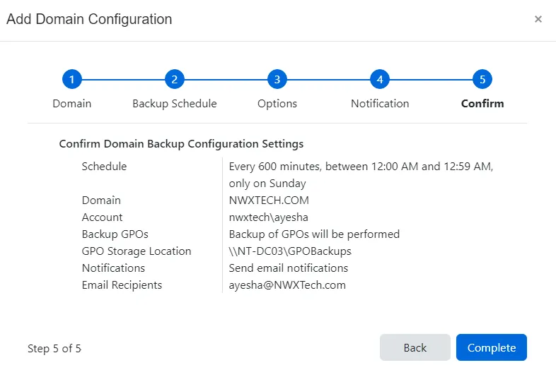 Add Domain Configuration wizard - Confirm page