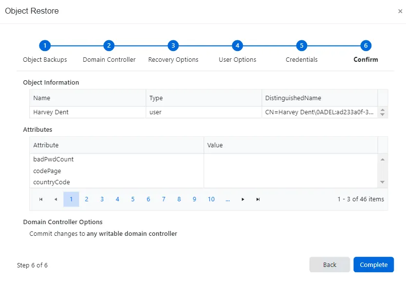 Object Restore wizard - Confirm page