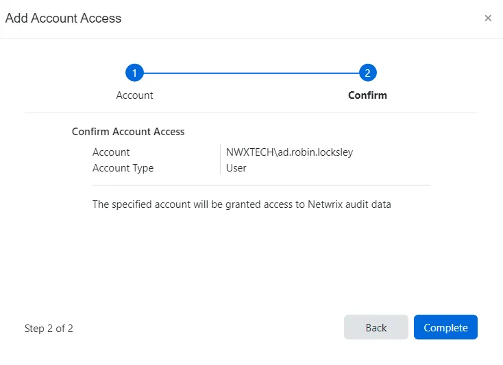 Add Account Access wizard - Confirm page