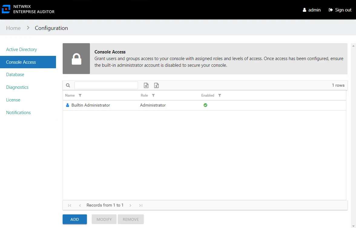 Console Access Configuration page