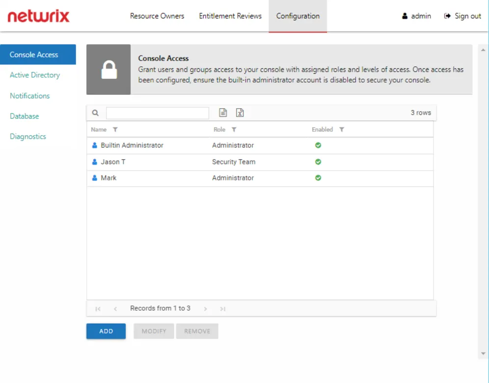 Configuration interface showing the Console Access page