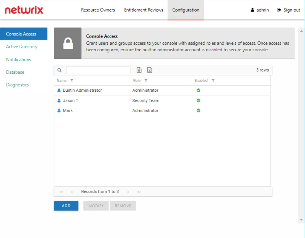 Configuration interface showing the Console Access page