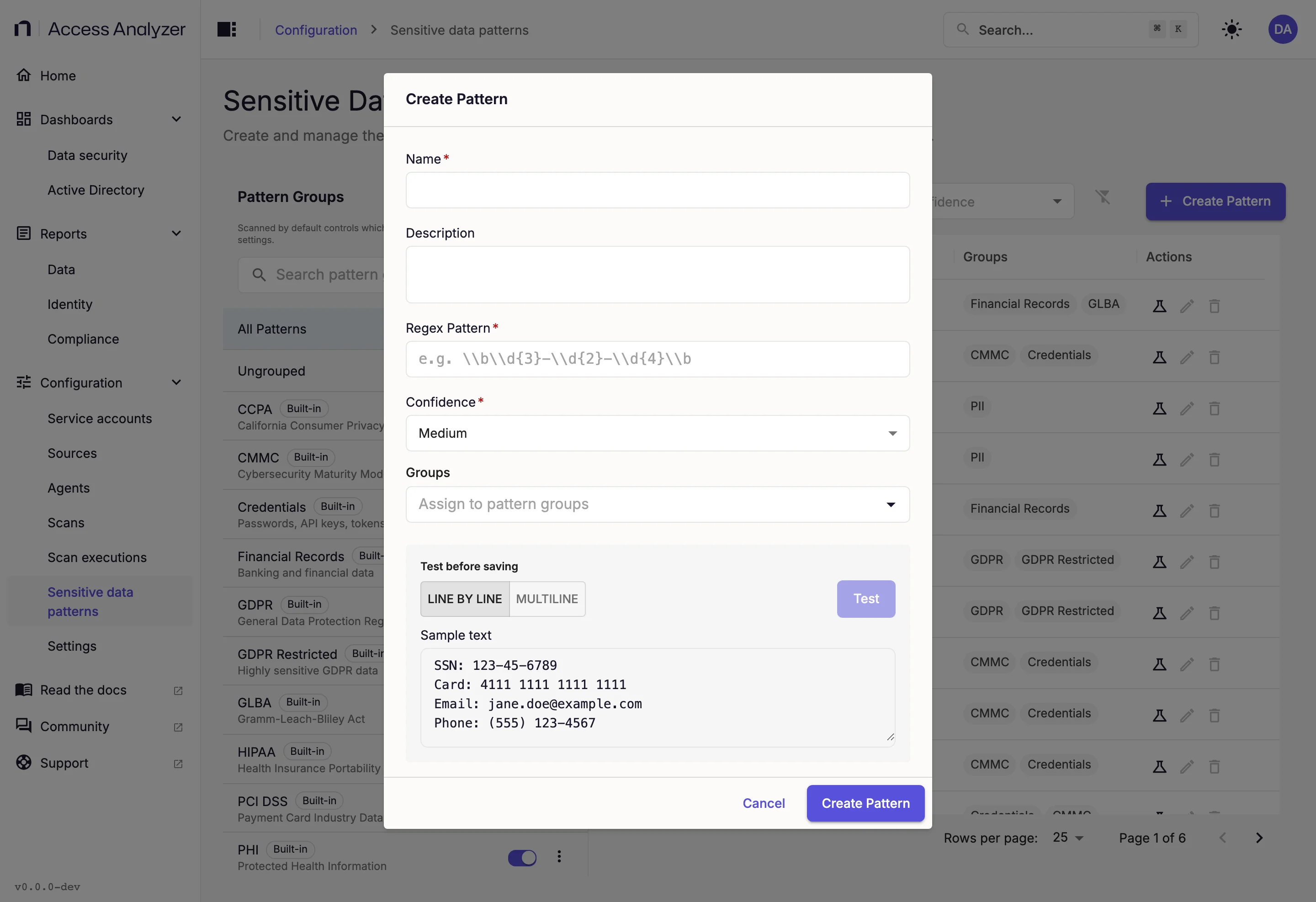 Create Pattern dialog with Name, Description, Regex Pattern, Confidence, Groups, and Test before saving