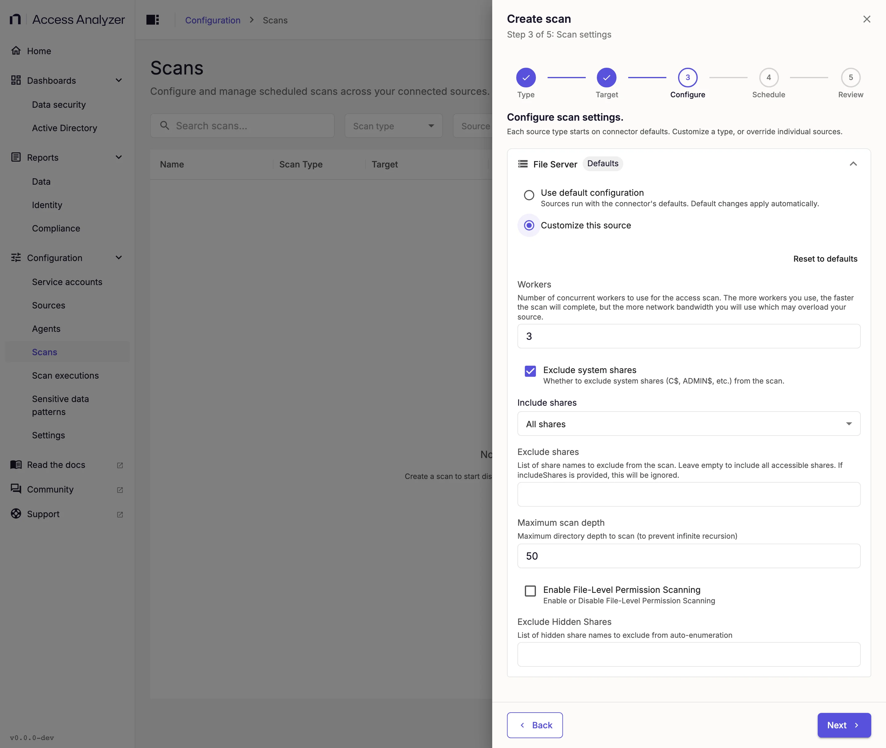 Create scan step 3 with customized File Server settings