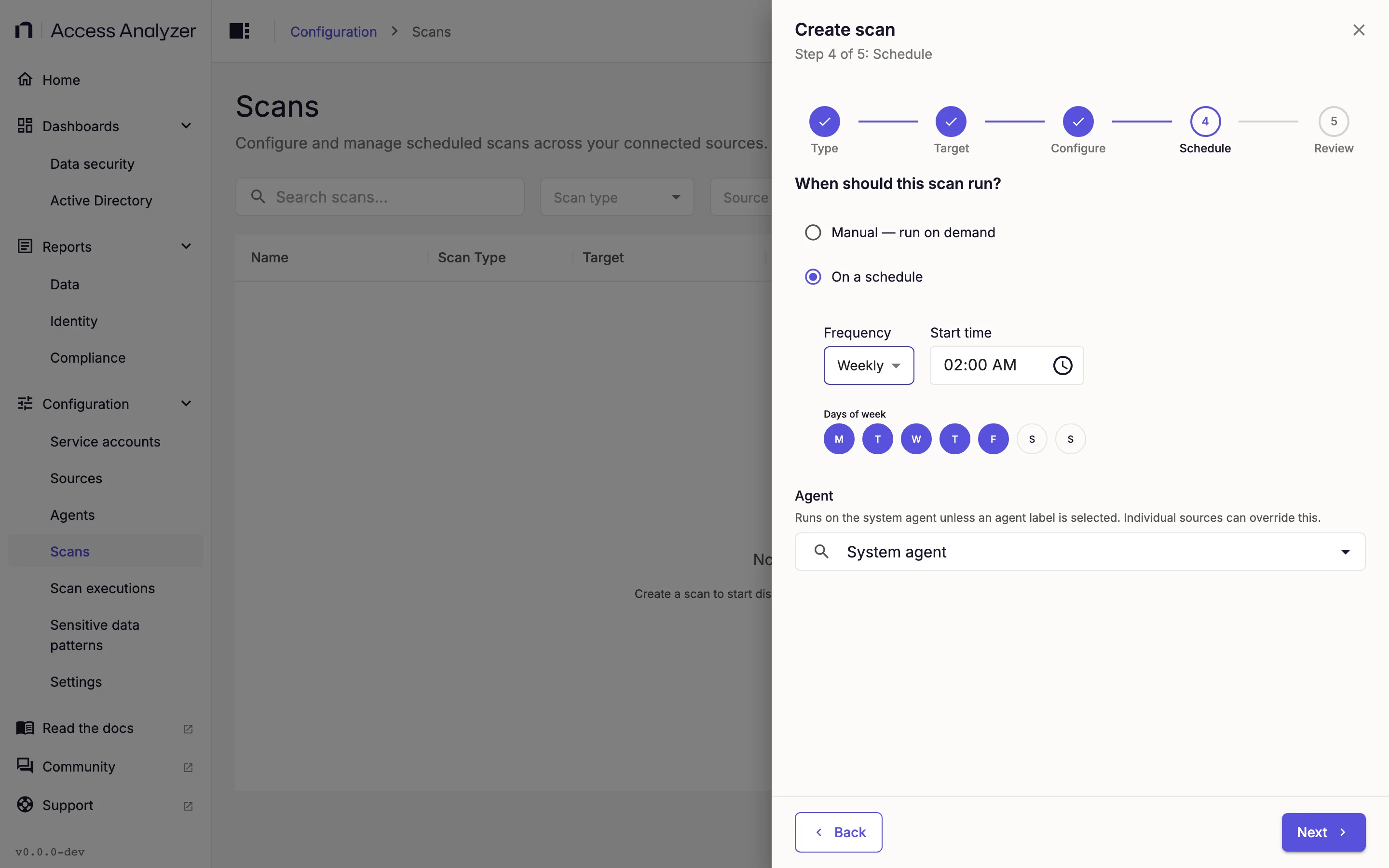 Create scan step 4 with a weekly schedule and day-of-week toggles