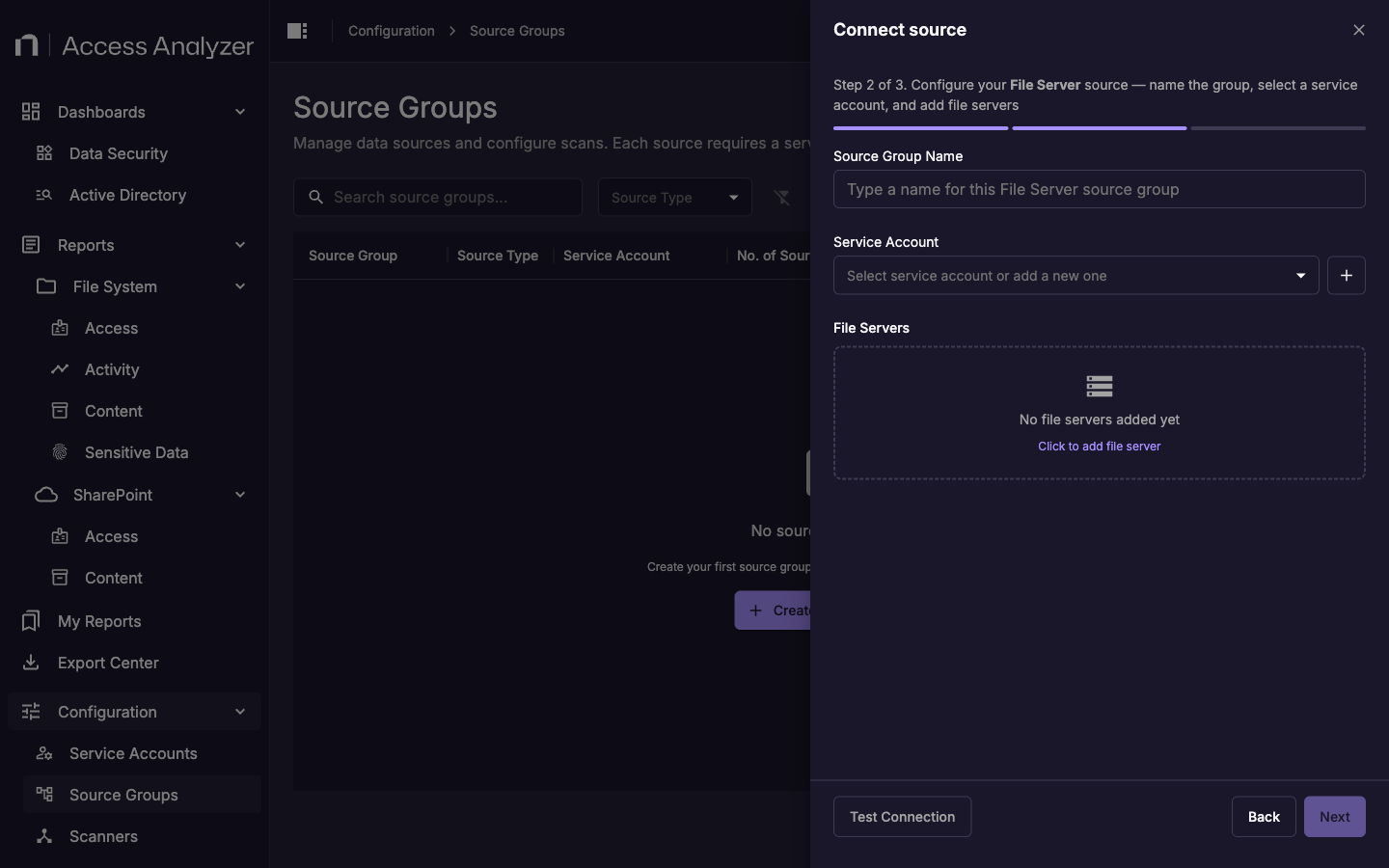 Source group creation wizard step 2 showing name field, service account selection, and max concurrent scans setting for a File Server group