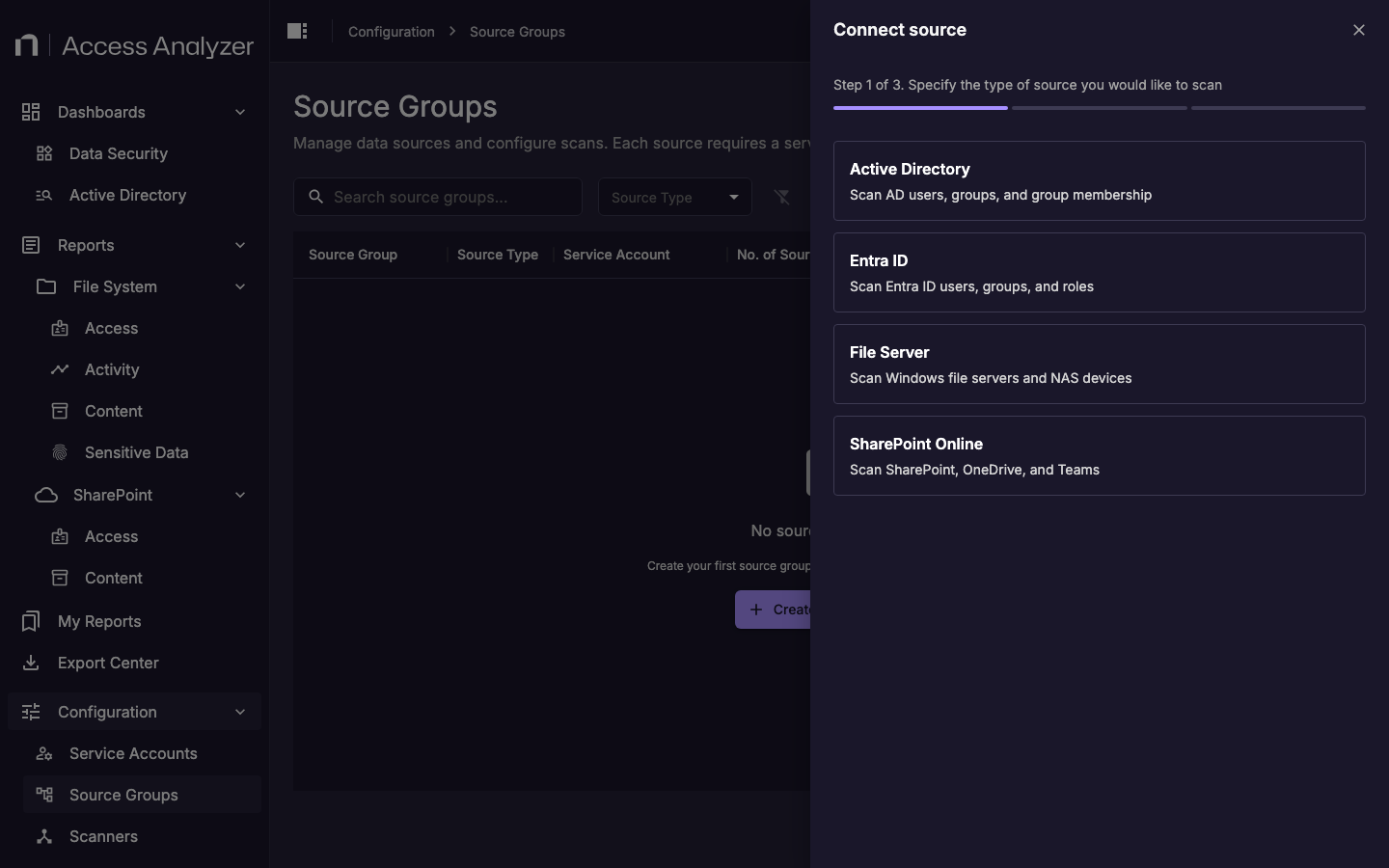 Source group creation wizard step 1 showing four source type options: Active Directory, Entra ID, File Server, and SharePoint Online
