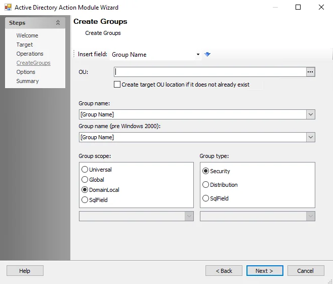 AD Action Module Wizard Create Groups page