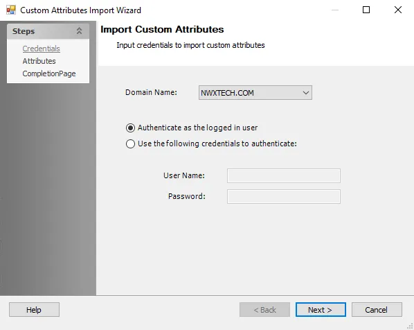 Custom Attributes Import Wizard Credentials page