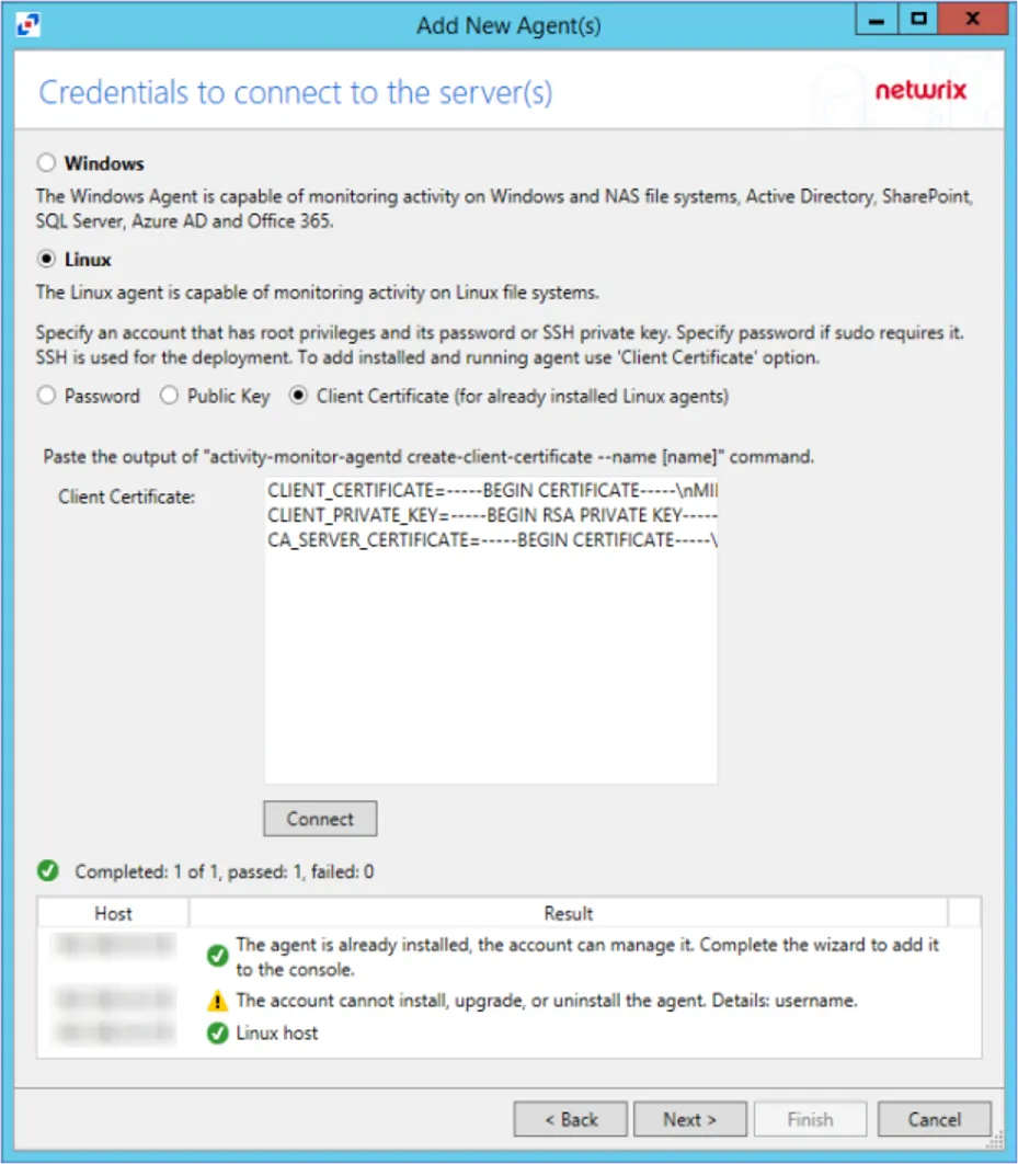 Credentials to Connect to the Server(s) window