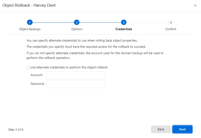 Object Rollback wizard - Credentials page