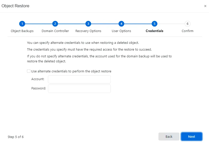 Object Restore wizard - Credentials page