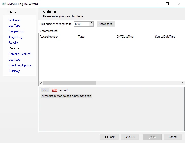 SMART Log DC Wizard Criteria page
