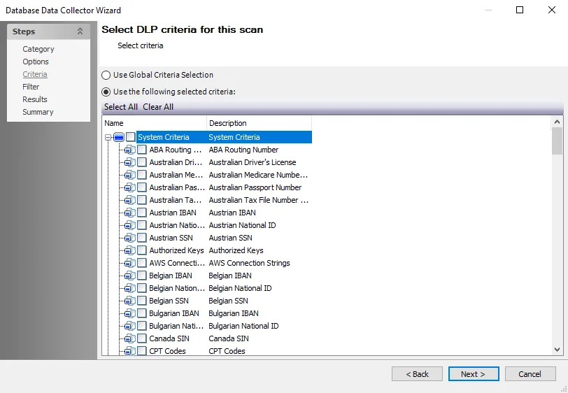 NoSQL Data Collector Wizard Criteria page
